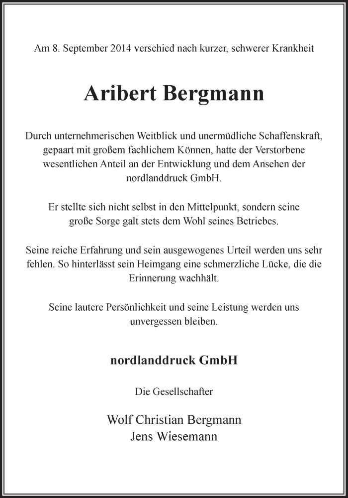  Traueranzeige für Aribert Bergmann vom 13.09.2014 aus LZ