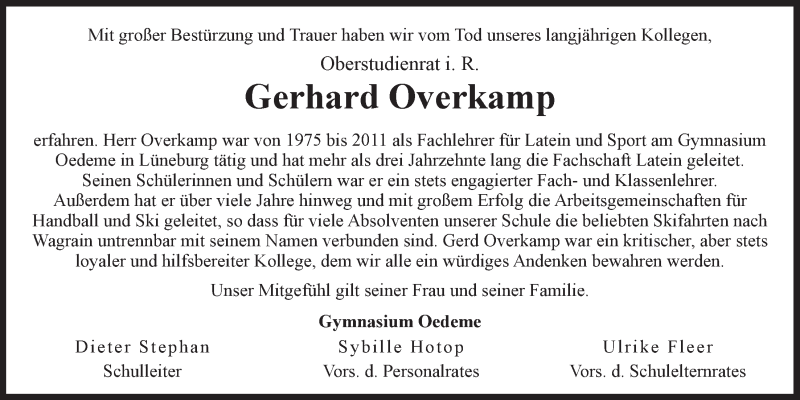  Traueranzeige für Gerhard Overkamp vom 13.09.2014 aus LZ