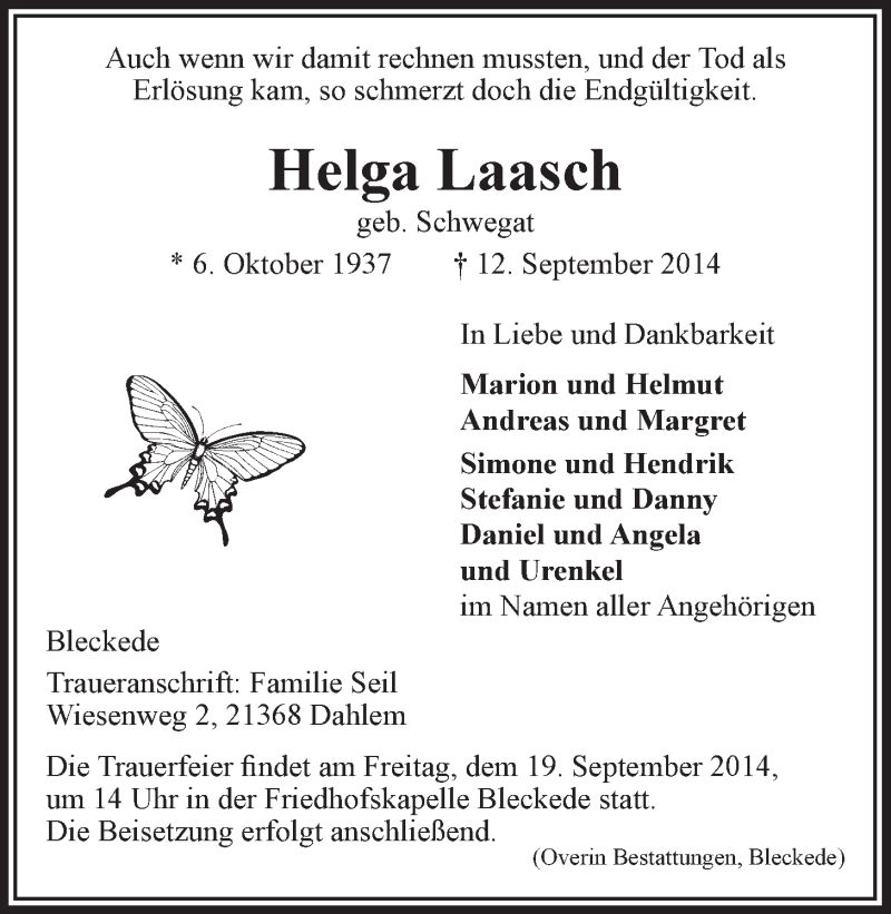  Traueranzeige für Helga Laasch vom 16.09.2014 aus LZ