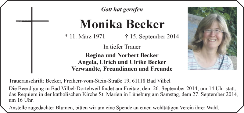  Traueranzeige für Monika Becker vom 20.09.2014 aus LZ