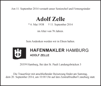 Anzeige von Adolf Zelle von LZ