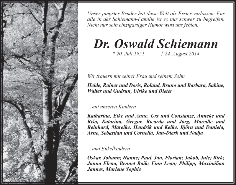  Traueranzeige für Oswald Schiemann vom 20.09.2014 aus LZ
