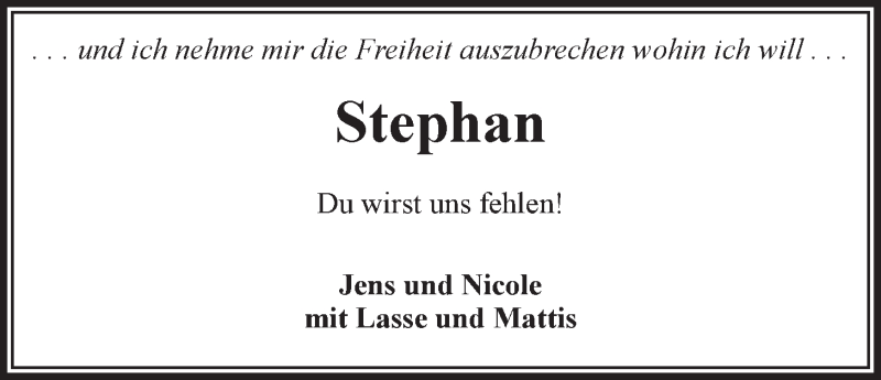  Traueranzeige für Stephan Wöbcke vom 20.09.2014 aus LZ