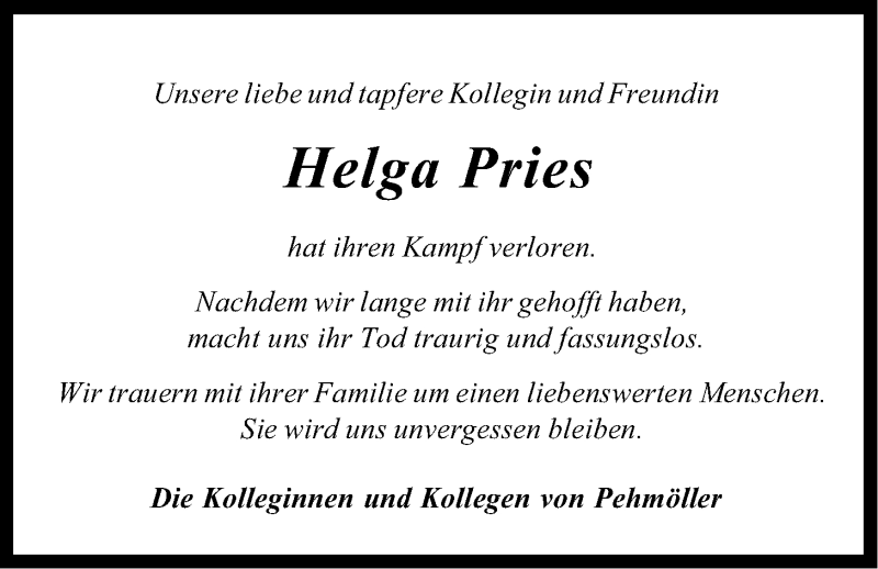  Traueranzeige für Helga Pries vom 24.09.2014 aus LZ
