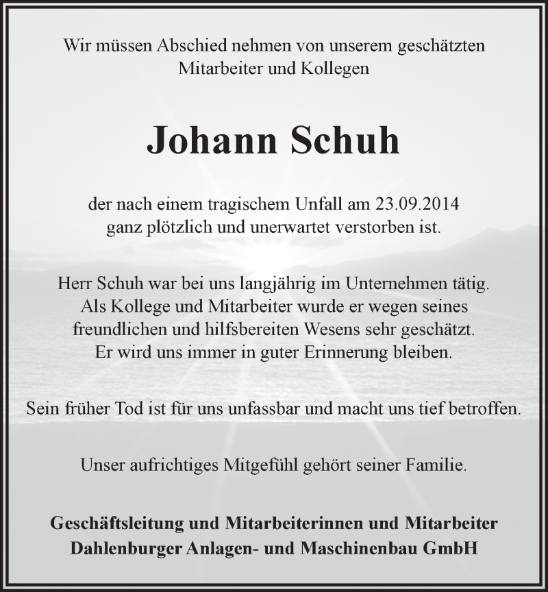  Traueranzeige für Johann Schuh vom 04.10.2014 aus LZ