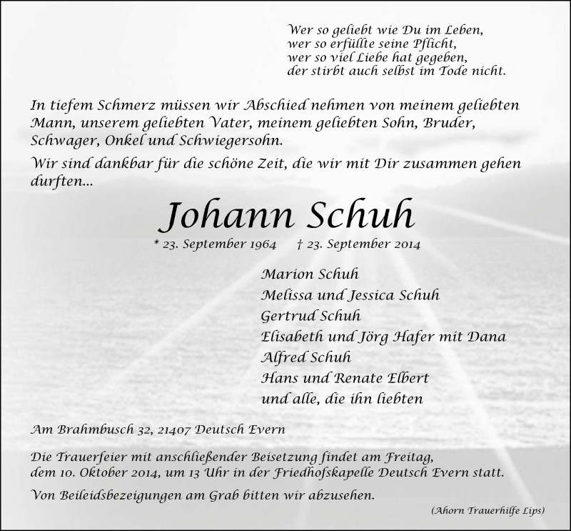  Traueranzeige für Johann Schuh vom 04.10.2014 aus LZ