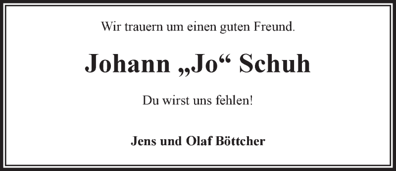  Traueranzeige für Johann Schuh vom 08.10.2014 aus LZ