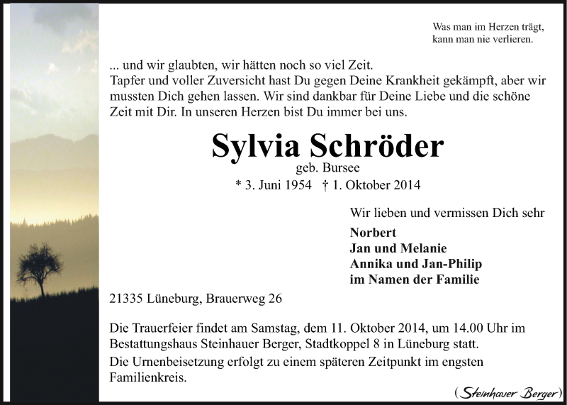  Traueranzeige für Sylvia Schröder vom 08.10.2014 aus LZ