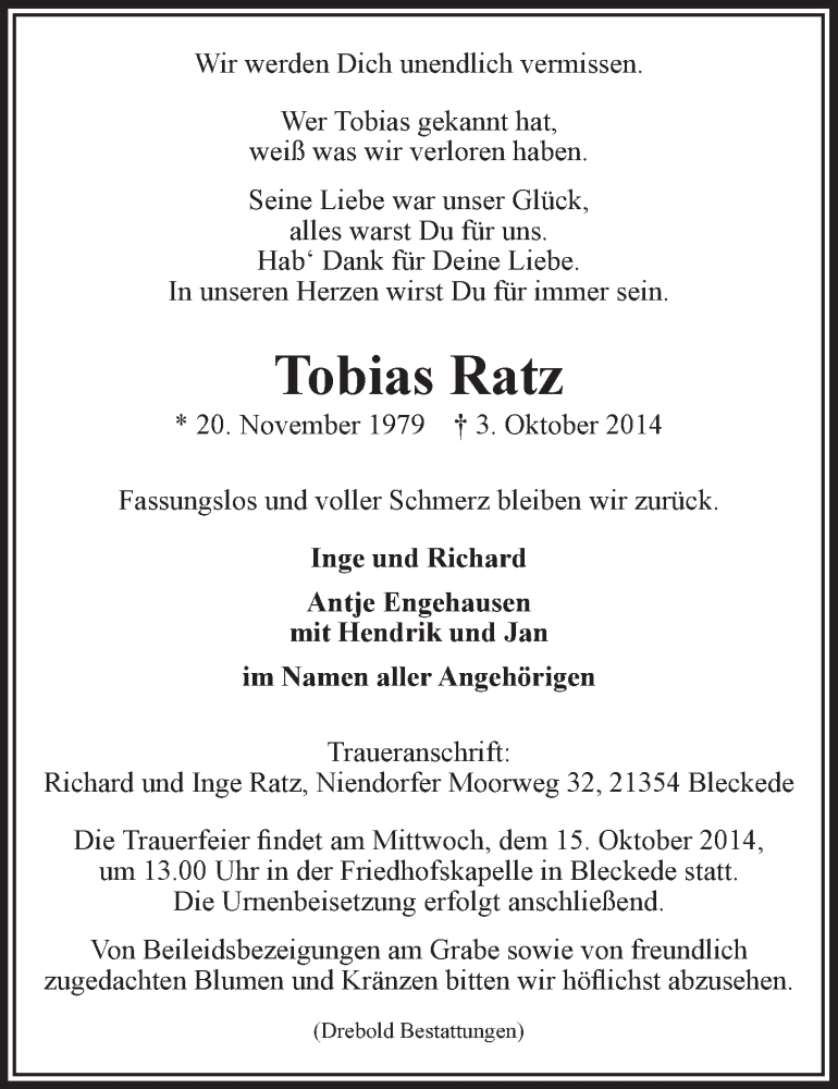  Traueranzeige für Tobias Ratz vom 11.10.2014 aus LZ