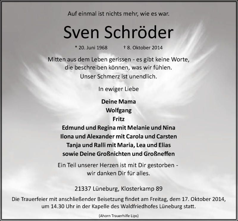  Traueranzeige für Sven Schröder vom 14.10.2014 aus Landeszeitung Lüneburg