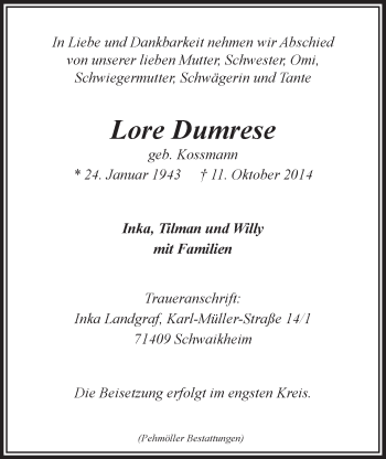 Anzeige von Lore Dumrese von LZ