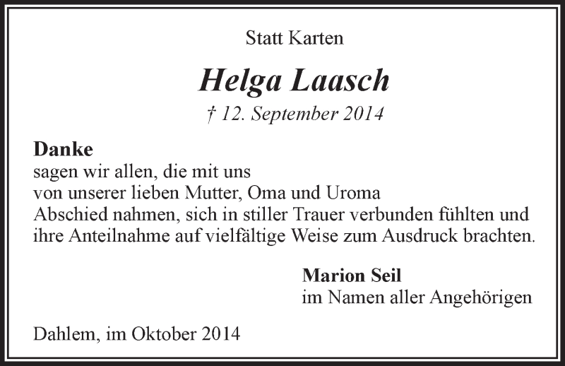  Traueranzeige für Helga Laasch vom 17.10.2014 aus LZ