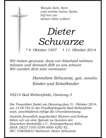 Anzeige von Dieter Schwarze von LZ