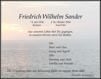 Anzeige von Friedrich Wilhelm Sander von LZ