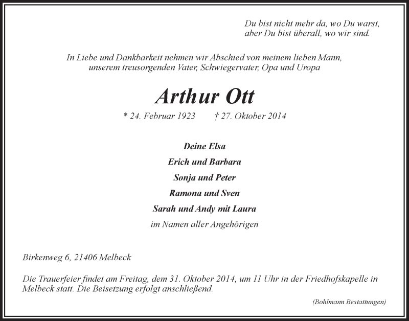  Traueranzeige für Arthur Ott vom 29.10.2014 aus Landeszeitung Lüneburg