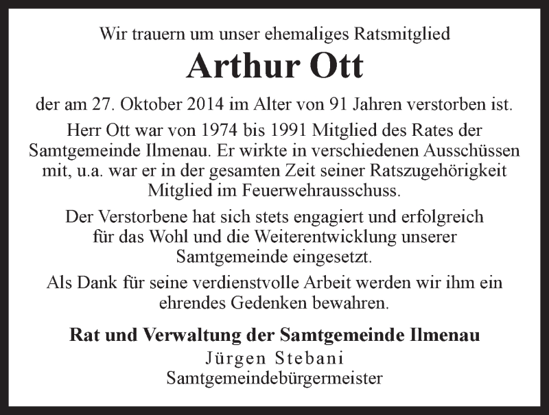  Traueranzeige für Arthur Ott vom 30.10.2014 aus LZ