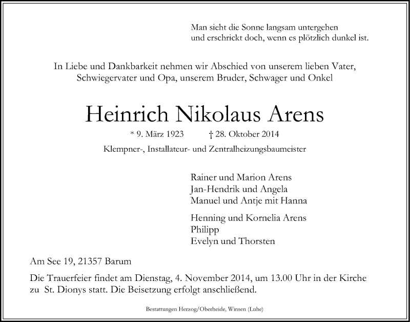  Traueranzeige für Heinrich Nikolaus Arens vom 30.10.2014 aus LZ