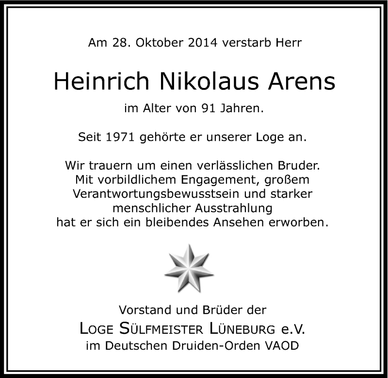  Traueranzeige für Heinrich Nikolaus Arens vom 30.10.2014 aus LZ