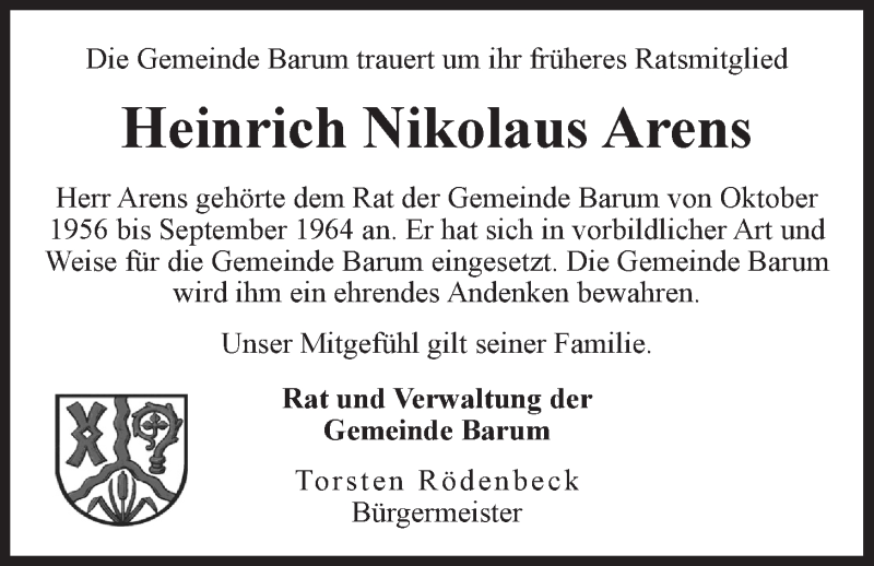  Traueranzeige für Heinrich Nikolaus Arens vom 31.10.2014 aus LZ