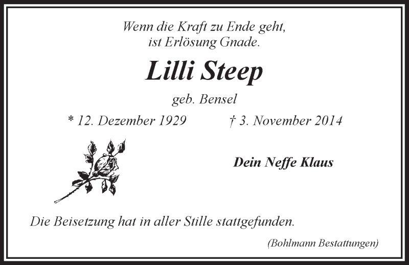  Traueranzeige für Lilli Steep vom 08.11.2014 aus LZ