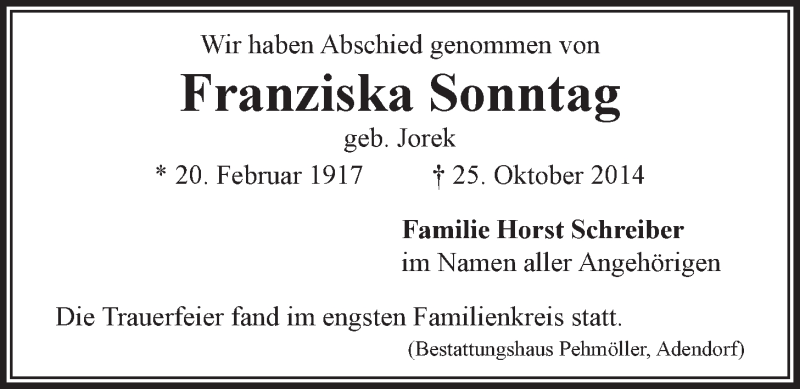  Traueranzeige für Franziska Sonntag vom 12.11.2014 aus LZ