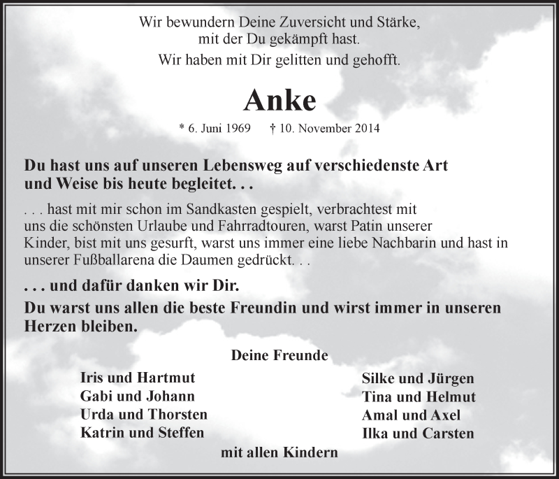  Traueranzeige für Anke Meyer vom 13.11.2014 aus LZ