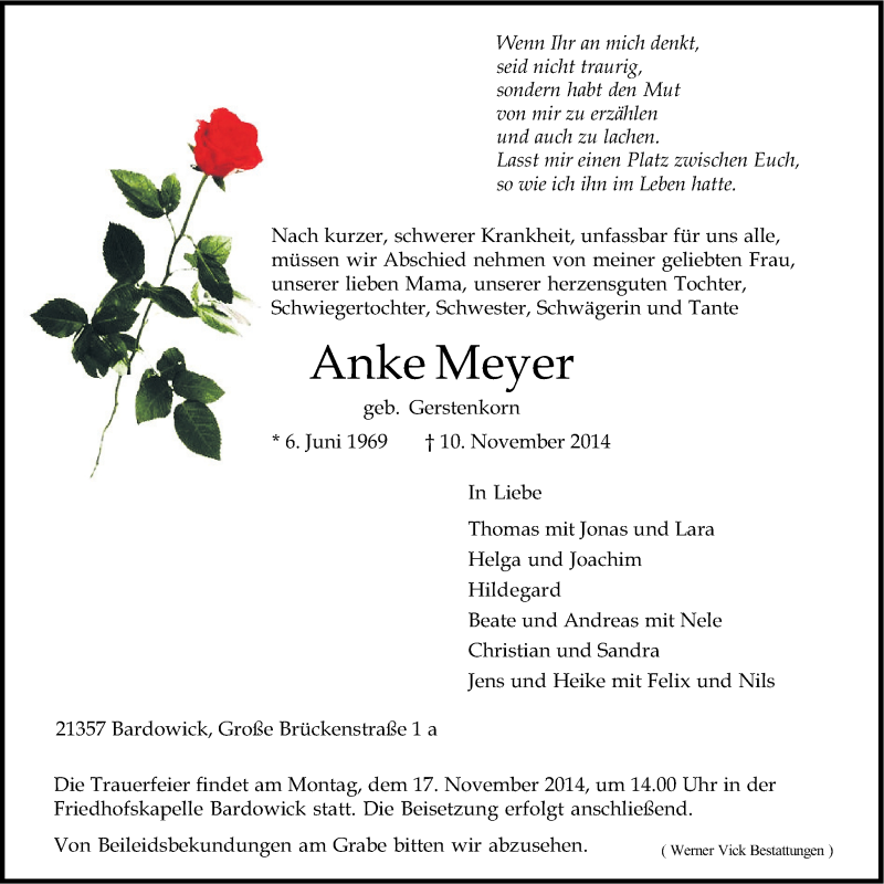  Traueranzeige für Anke Meyer vom 13.11.2014 aus LZ