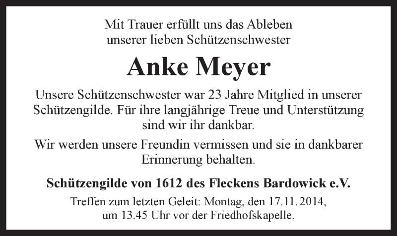  Traueranzeige für Anke Meyer vom 13.11.2014 aus LZ