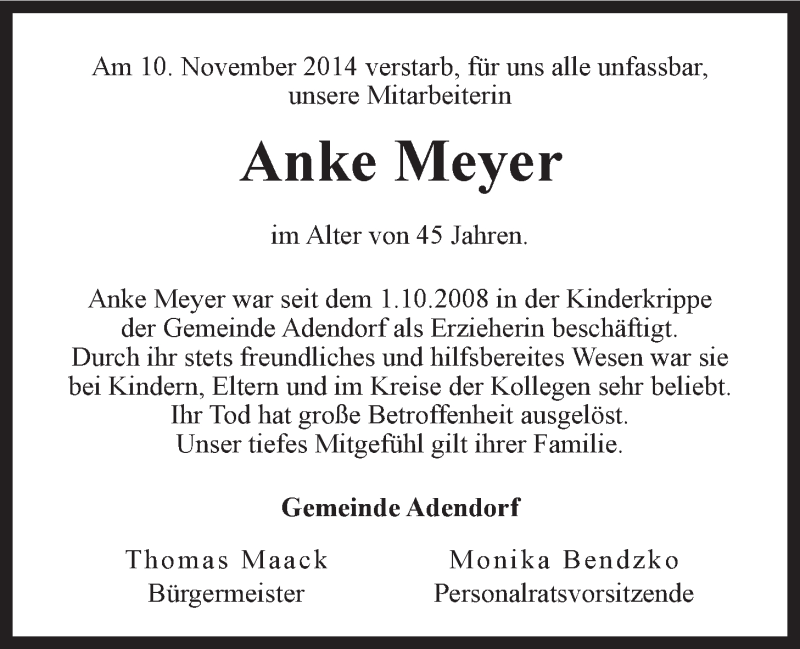  Traueranzeige für Anke Meyer vom 14.11.2014 aus LZ