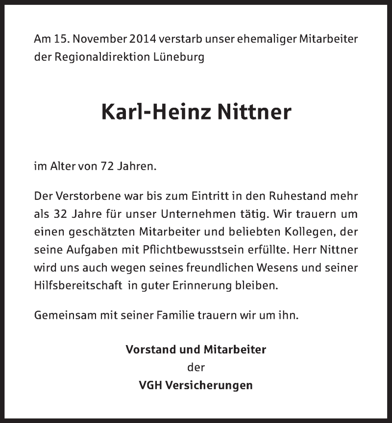  Traueranzeige für Karl-Heinz Nittner vom 21.11.2014 aus LZ