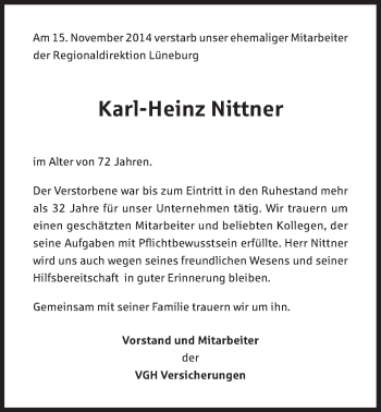 Anzeige von Karl-Heinz Nittner von LZ