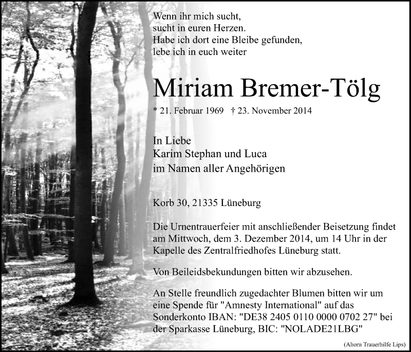  Traueranzeige für Miriam Bremer-Tölg vom 27.11.2014 aus LZ