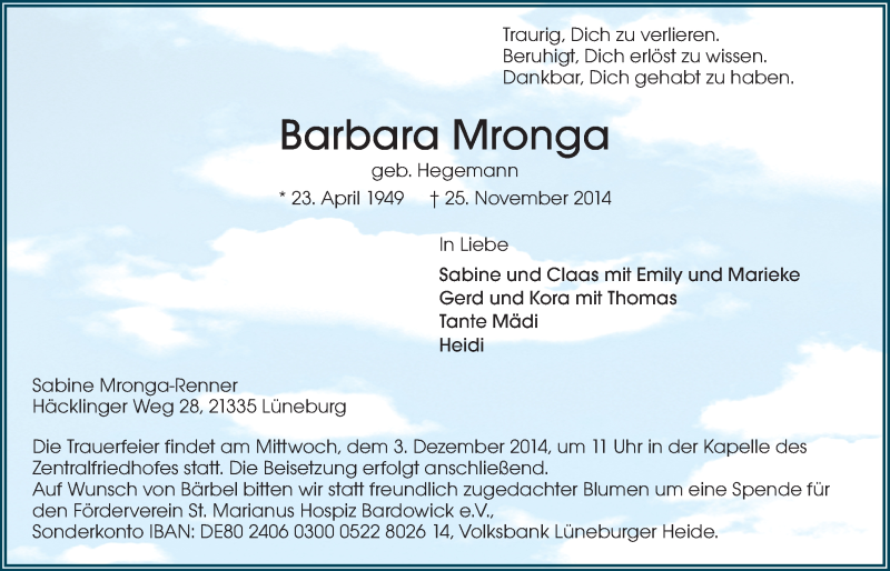  Traueranzeige für Barbara Mronga vom 29.11.2014 aus LZ