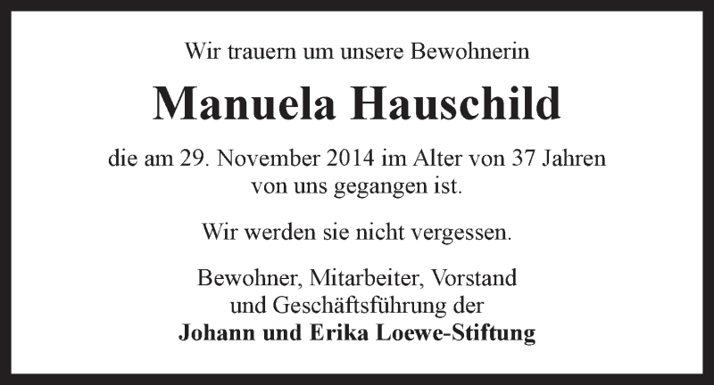  Traueranzeige für Manuela Hauschild vom 03.12.2014 aus LZ