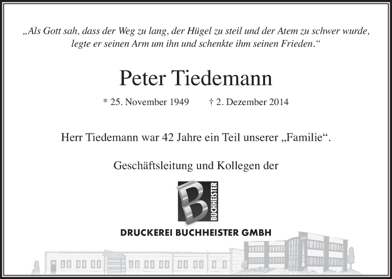  Traueranzeige für Peter Tiedemann vom 06.12.2014 aus Landeszeitung Lüneburg
