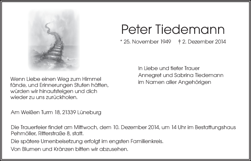  Traueranzeige für Peter Tiedemann vom 06.12.2014 aus Landeszeitung Lüneburg