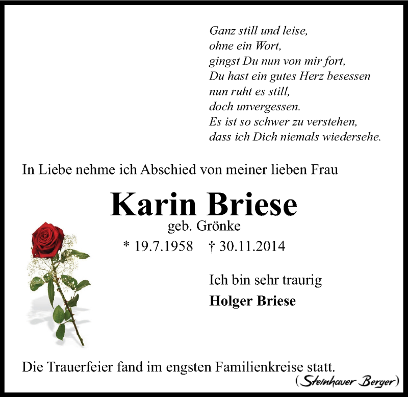  Traueranzeige für Karin Briese vom 10.12.2014 aus LZ