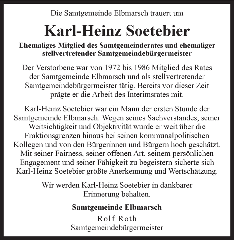  Traueranzeige für Karl-Heinz Soetebier vom 10.12.2014 aus LZ