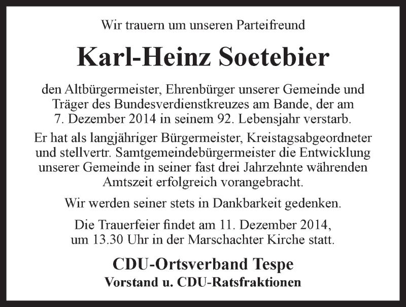  Traueranzeige für Karl-Heinz Soetebier vom 10.12.2014 aus LZ