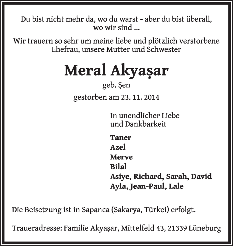  Traueranzeige für Meral Akyasar vom 12.12.2014 aus LZ