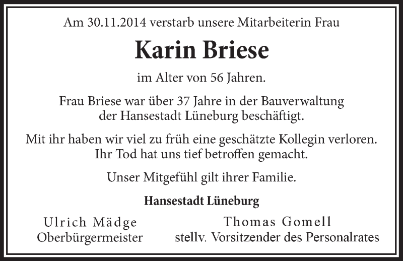  Traueranzeige für Karin Briese vom 12.12.2014 aus LZ