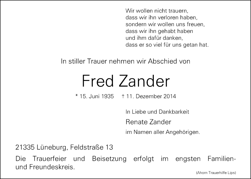  Traueranzeige für Fred Zander vom 13.12.2014 aus LZ