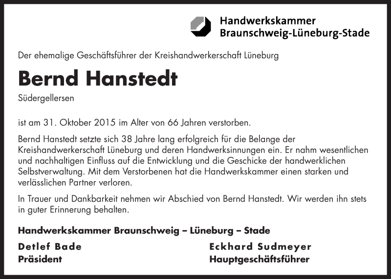  Traueranzeige für Bernd Hanstedt vom 05.11.2015 aus LZ