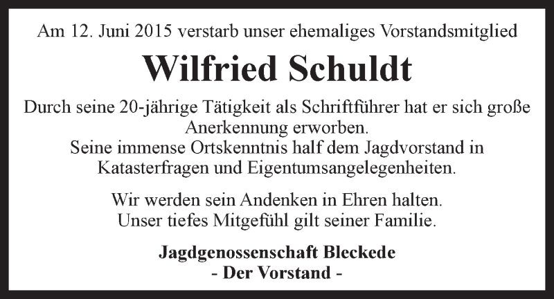 Traueranzeige für Wilfried Schuldt vom 19.06.2015 aus LZ