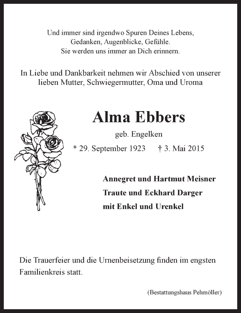  Traueranzeige für Alma Ebbers vom 06.05.2015 aus LZ
