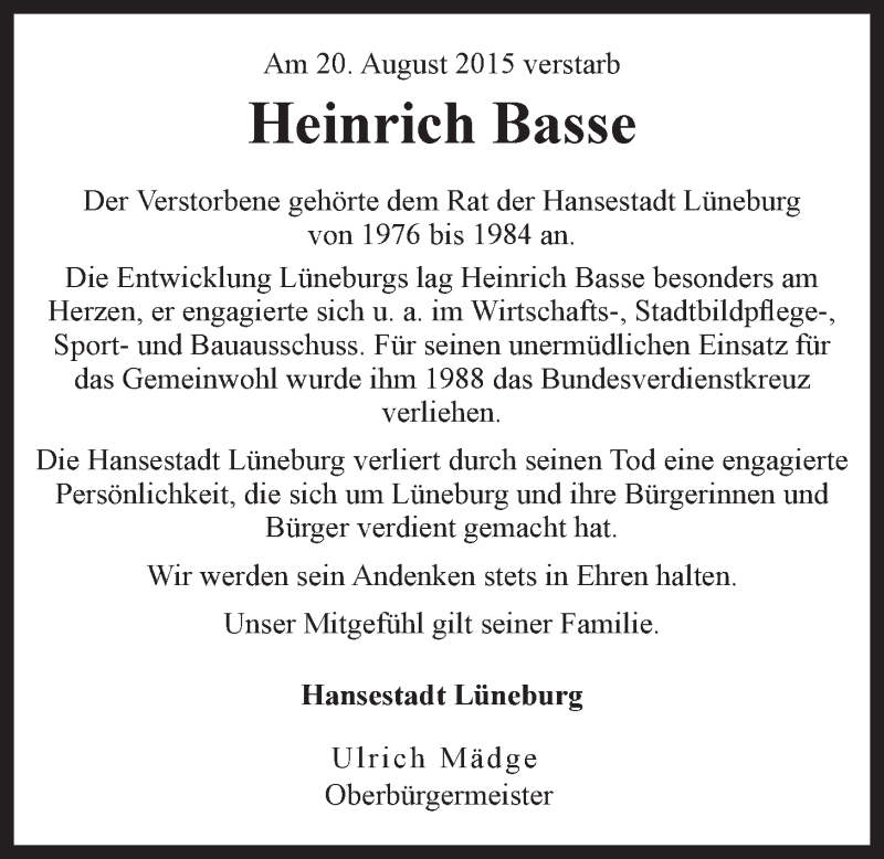  Traueranzeige für Heinrich Basse vom 29.08.2015 aus LZ