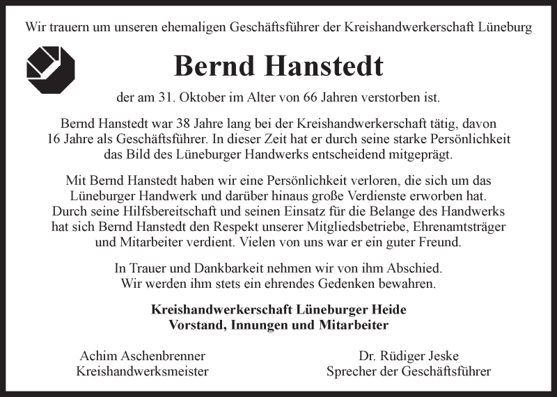  Traueranzeige für Bernd Hanstedt vom 05.11.2015 aus LZ