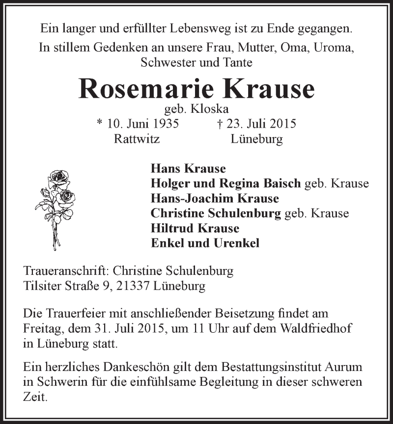  Traueranzeige für Rosemarie Krause vom 29.07.2015 aus LZ