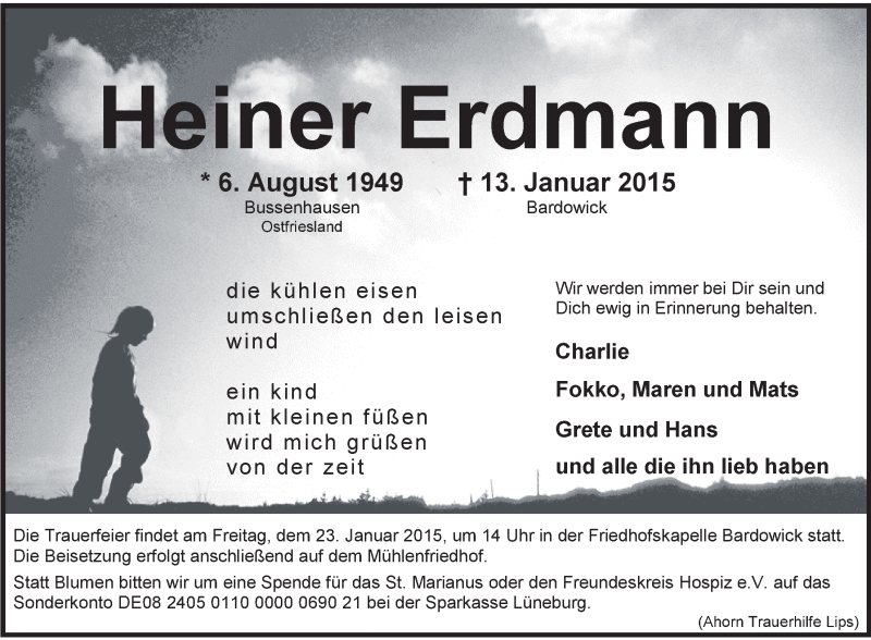  Traueranzeige für Heiner Erdmann vom 17.01.2015 aus LZ