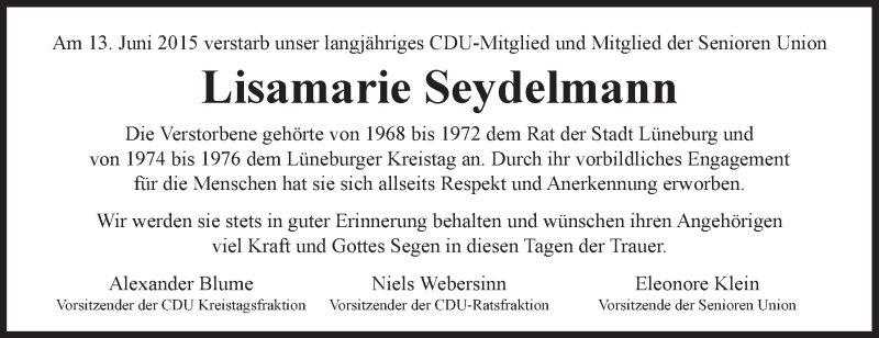  Traueranzeige für Lisamarie Seydelmann vom 27.06.2015 aus LZ